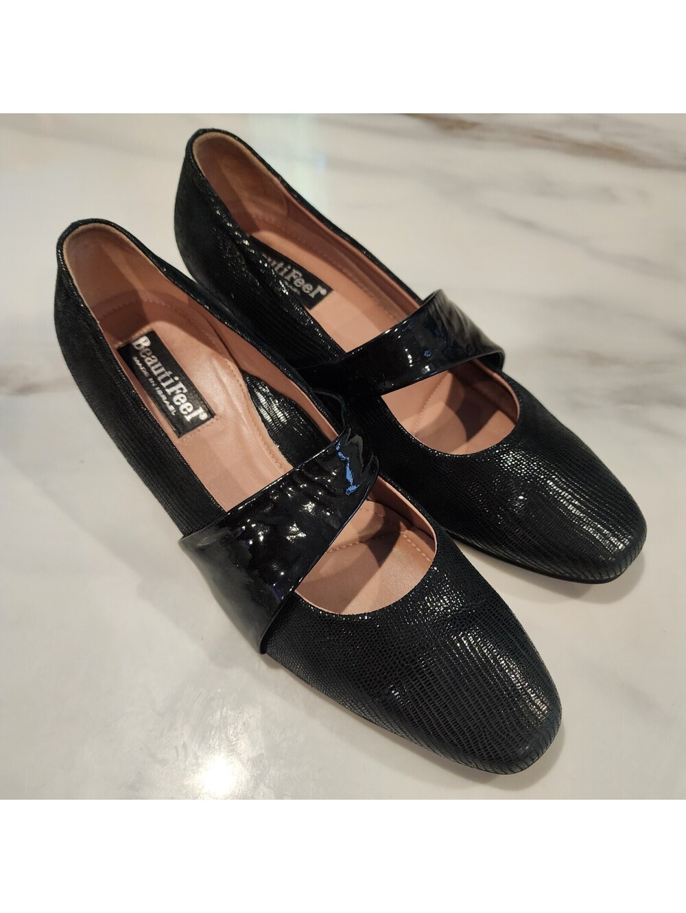 BeautiFeel Black Textured Leather Mary Jane Low-Heel Pumps EU 37 6.5 - 7
